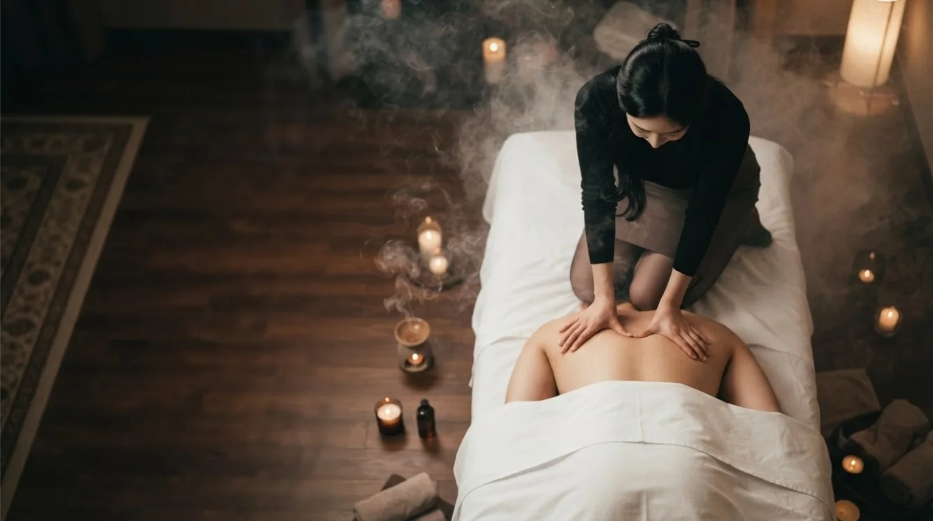 Therapist providing a massage in a softly lit hotel-style room