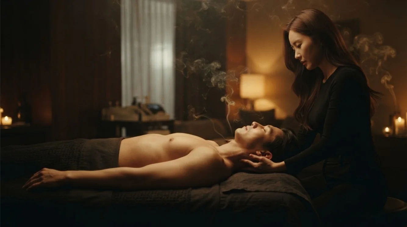 Therapist in a hotel-style massage setting