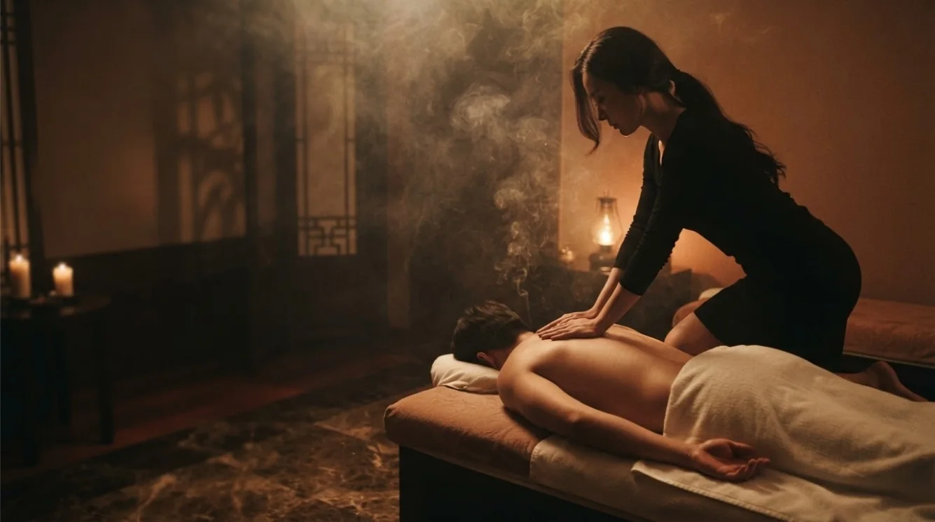 Editorial hotel-style massage scene accompanying the Naegok-dong hotel arrival guide, view 2