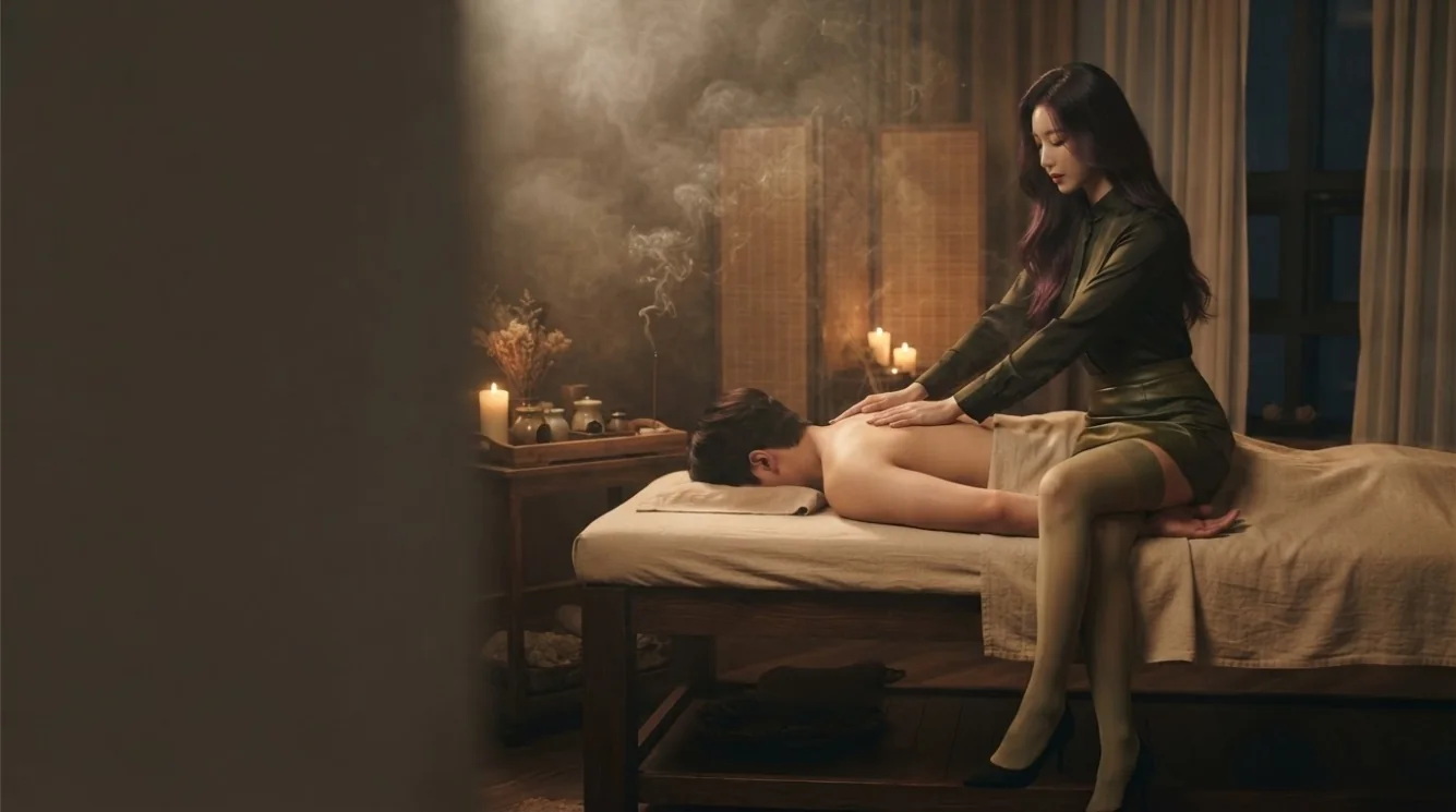 Therapist providing a massage in a softly lit hotel-style room
