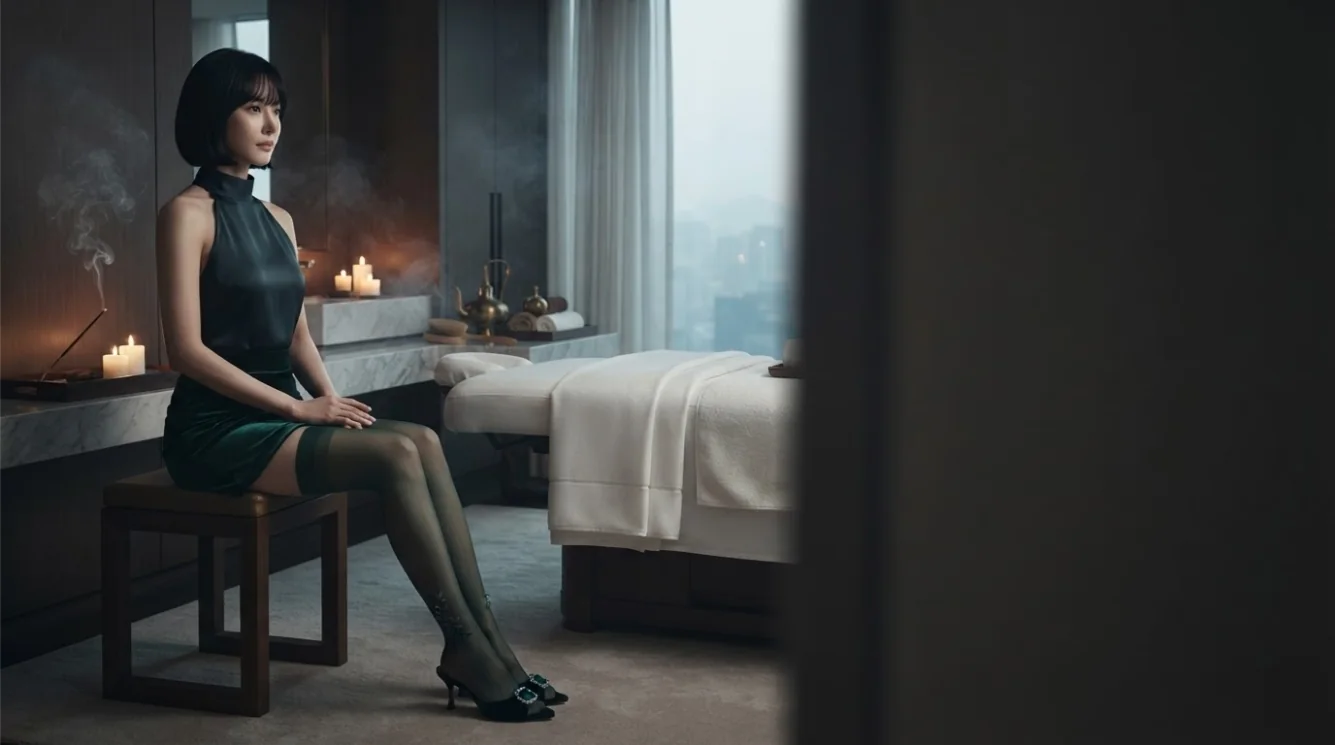 Therapist preparing for a visit in a hotel-style interior