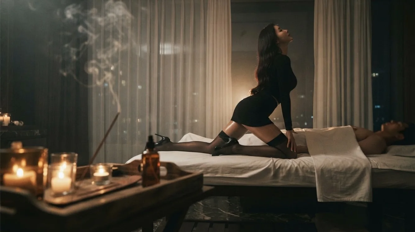 Therapist providing a massage in a softly lit hotel-style room