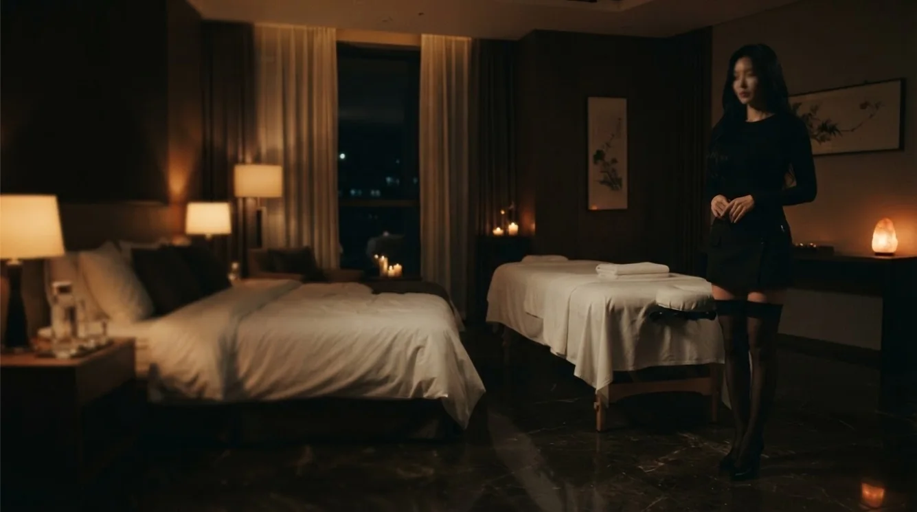 Therapist providing a massage in a softly lit hotel-style room