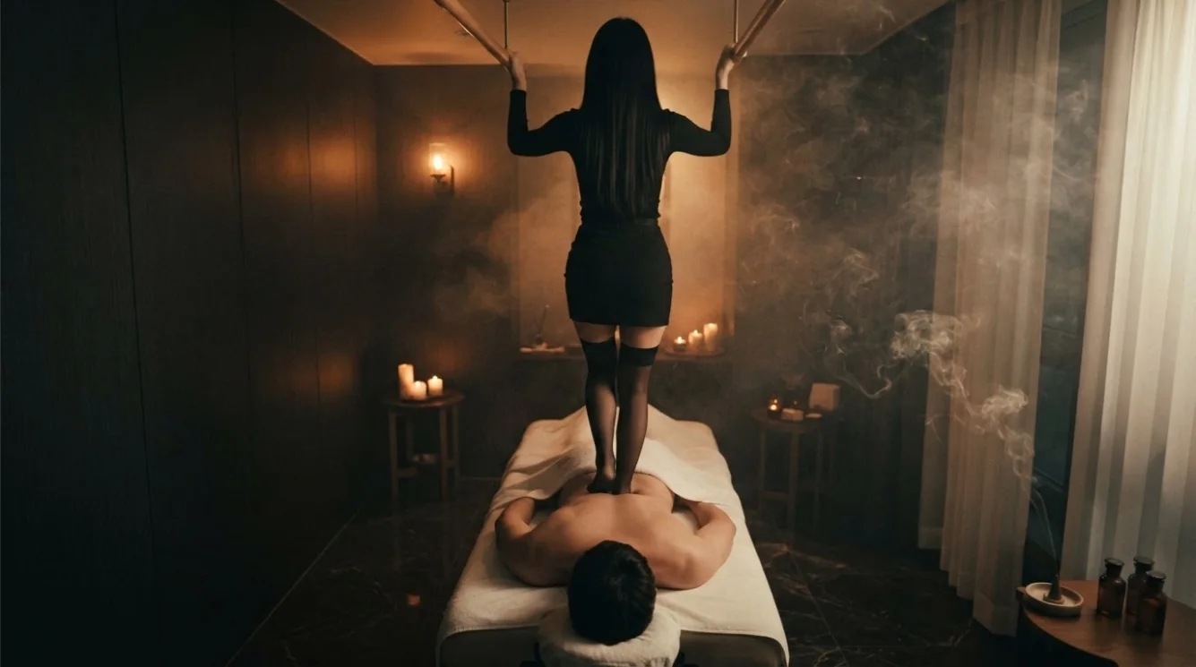 Therapist providing a massage in a softly lit hotel-style room