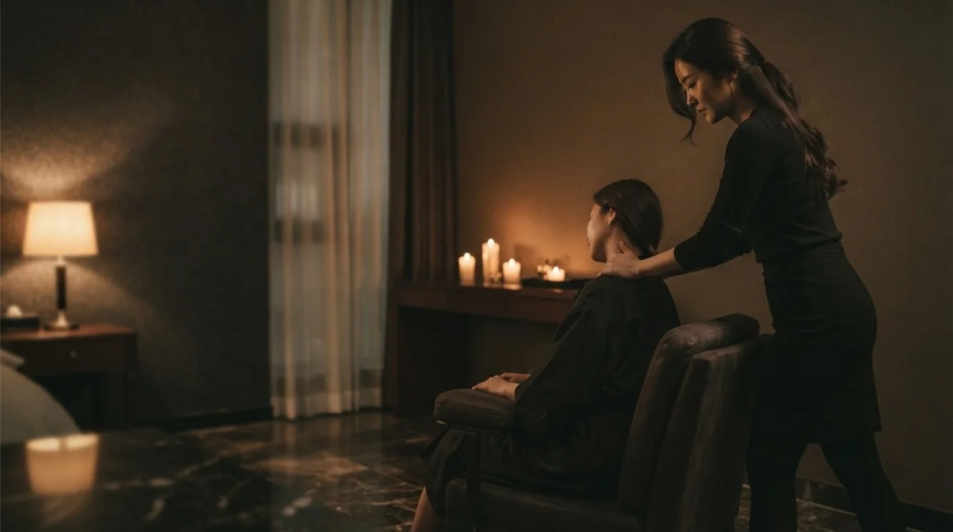 Therapist providing a massage in a softly lit hotel-style room