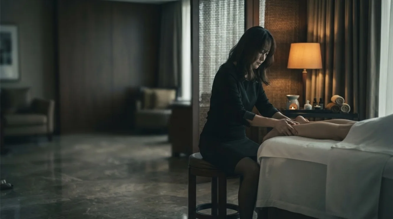 Therapist providing a massage in a softly lit hotel-style room