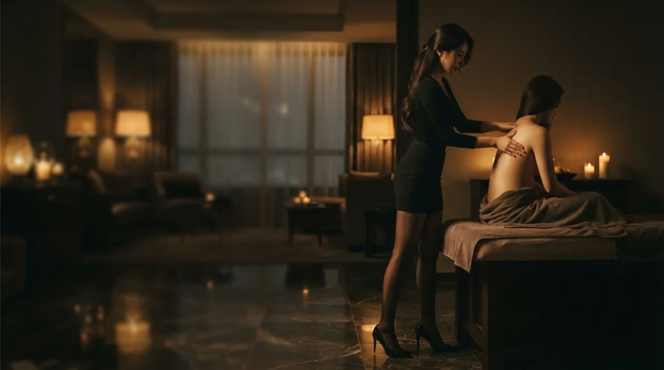 Editorial hotel-style massage scene accompanying the Cheongdam-dong hotel arrival guide, view 2