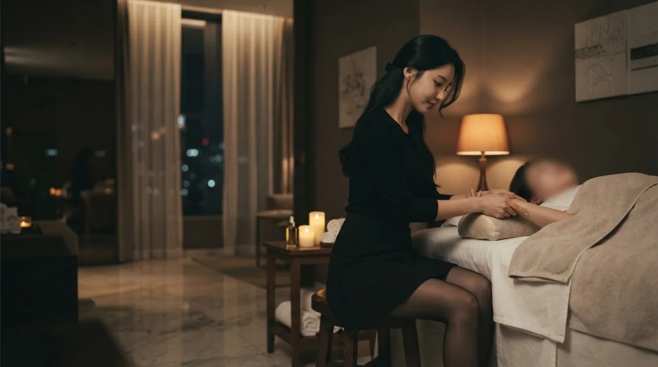 Editorial hotel-style massage scene accompanying the Suseo-dong hotel visit checklist guide, view 3