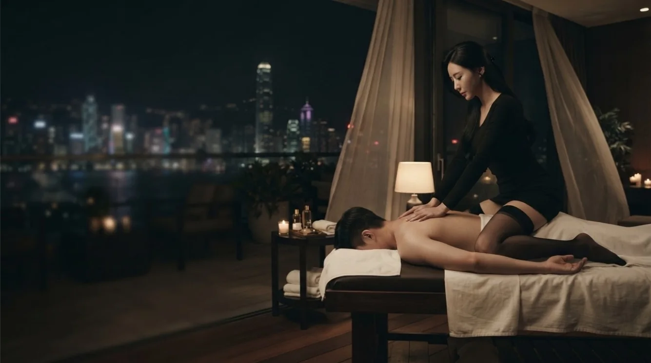 Therapist providing a massage in a softly lit hotel-style room