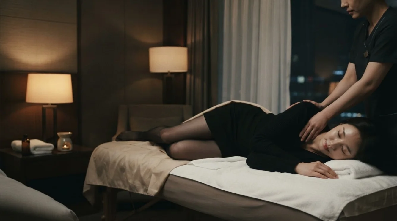Therapist in a hotel-style massage setting