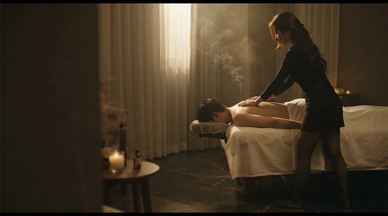 Editorial hotel-style massage scene accompanying the Daehangno hotel arrival guide, view 1