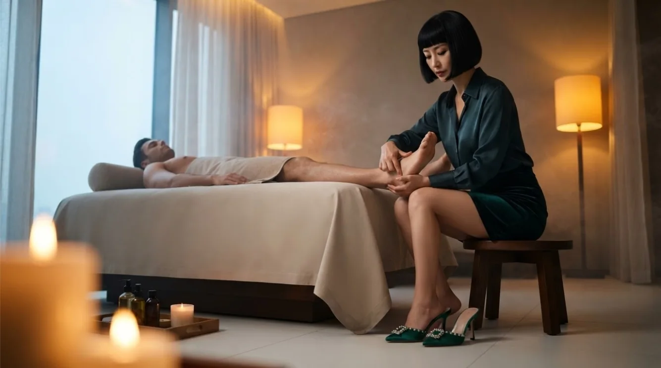 Therapist providing a massage in a softly lit hotel-style room