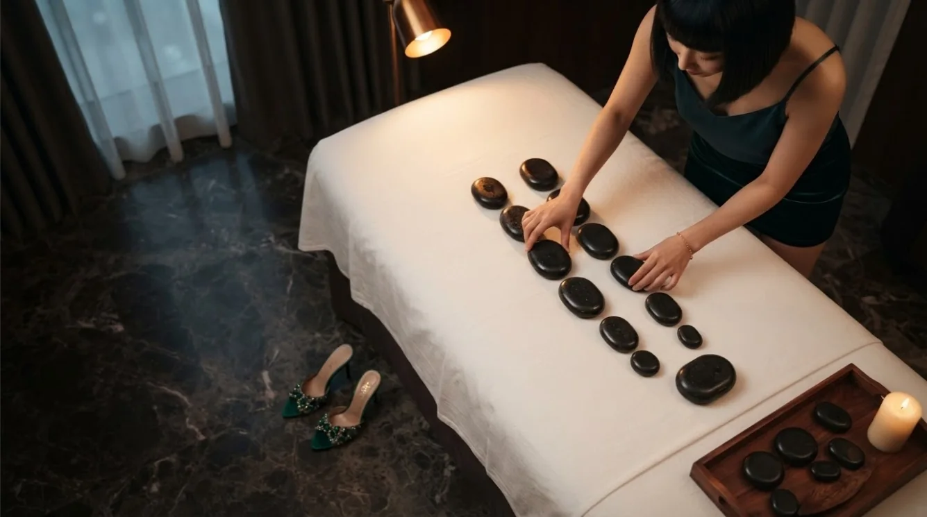 Therapist providing a massage in a softly lit hotel-style room