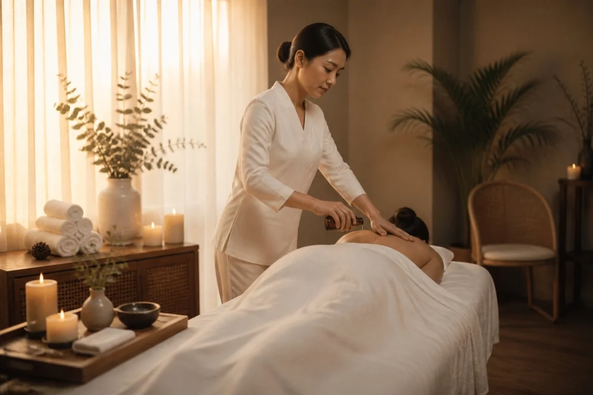 Therapist providing a massage in a softly lit hotel-style room